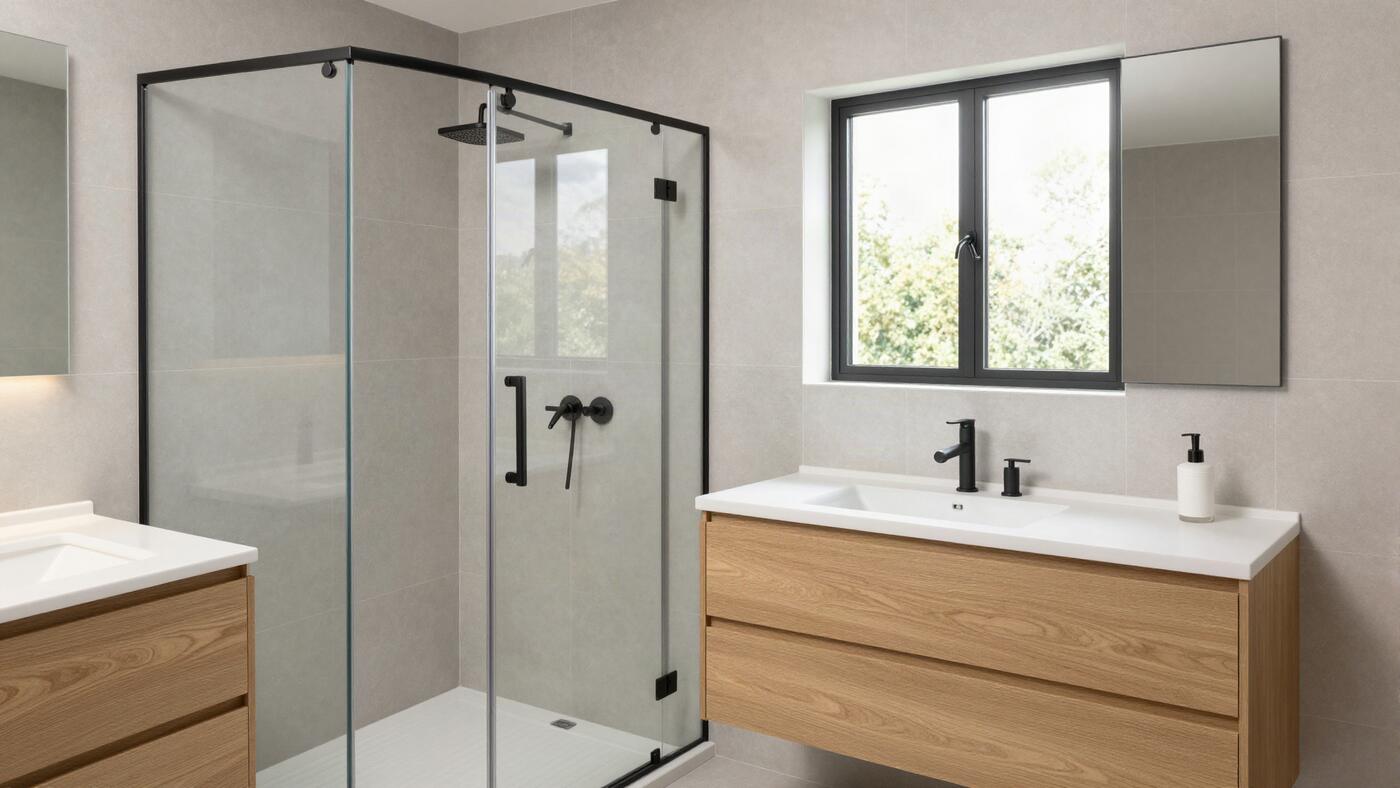 Salle de bain rénovée avec douche à l'italienne et meuble vasque en chêne