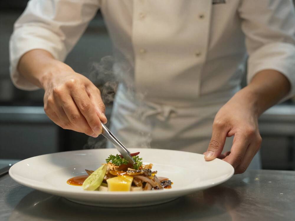 Le chef dresse une assiette en cuisine